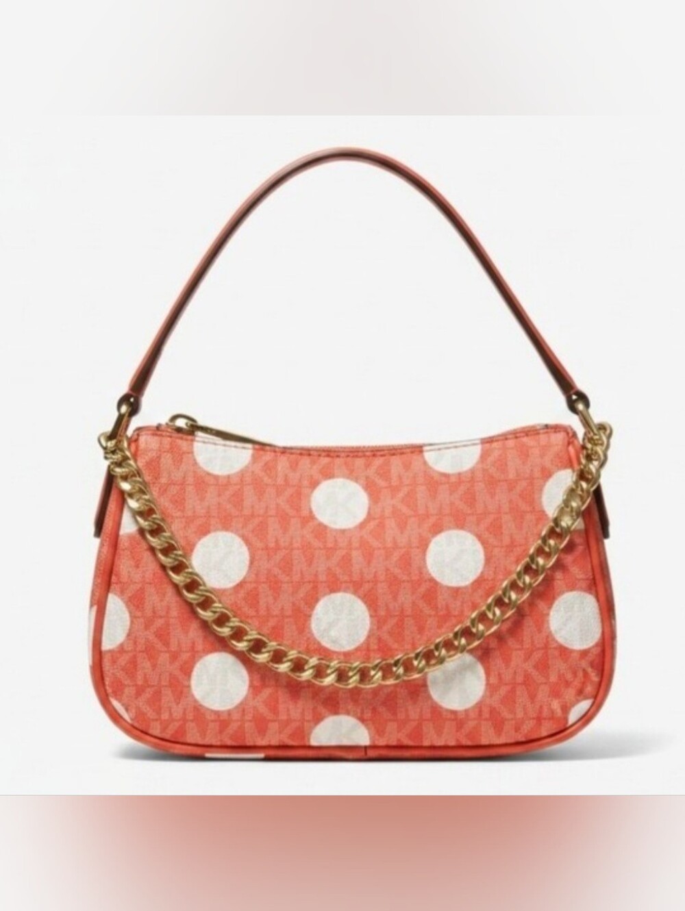 Michael Kors Coral and White Polka Dot Shoulder Bag with Gold Chain